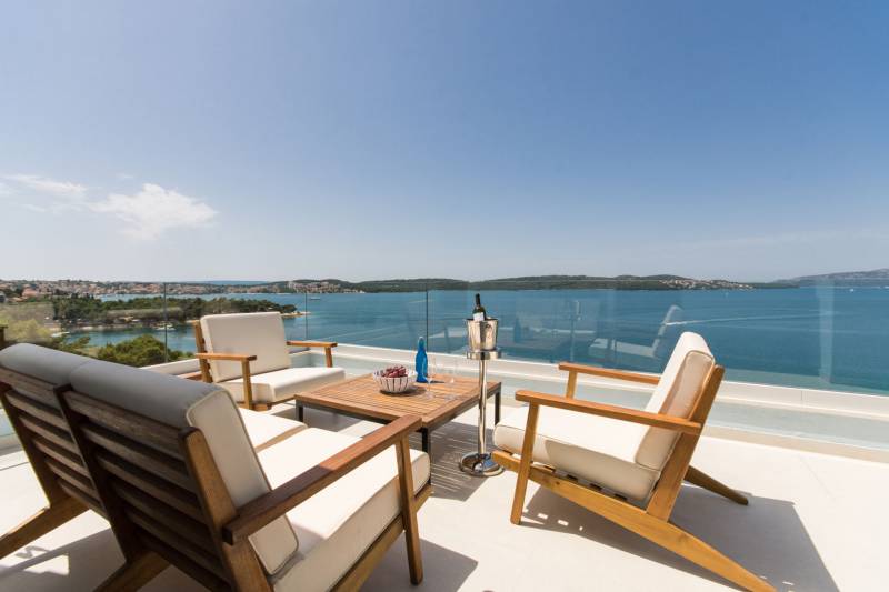 Panoramic view of sea and bay from the terrace of 5-star Penthouse Deep Blue in Trogir, Croatia